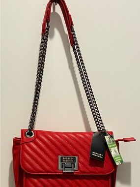 Badgley Mischka Red Quilted Flap Shoulder Bag with Chain Strap
